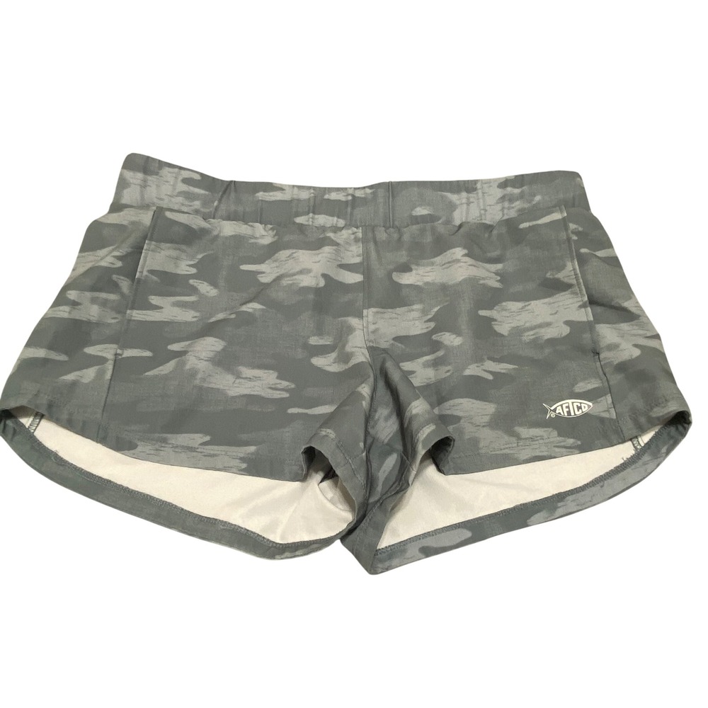 AFTCO Womens Grey Camo Fishing Shorts Size Medium Elastic Waist Zipper Pocket